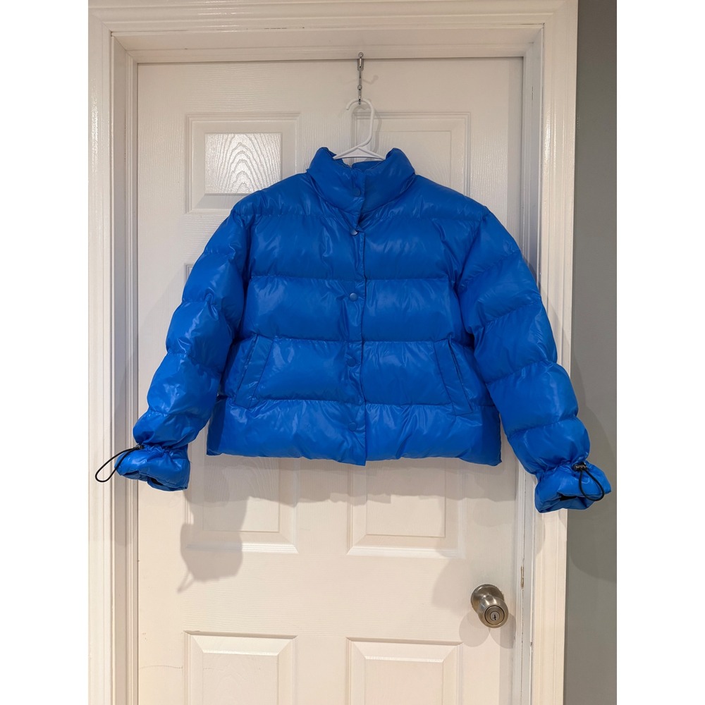 Future Collective Kahlana Barfield Brown Blue Puffer Jacket Small Snap Front